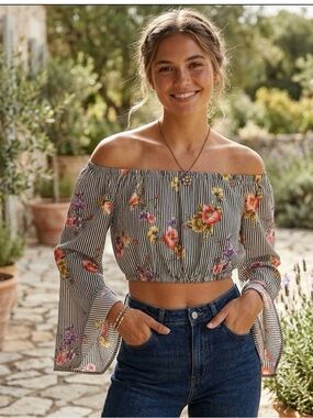 Trac Boho Floral Striped Flared Sleeve Off the Shoulder Crop Top Fits S/M 0068